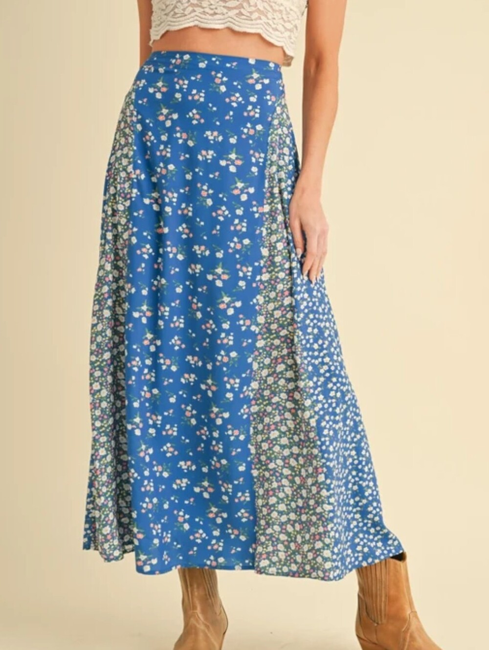 Blue Floral Patchwork Maxi Skirt